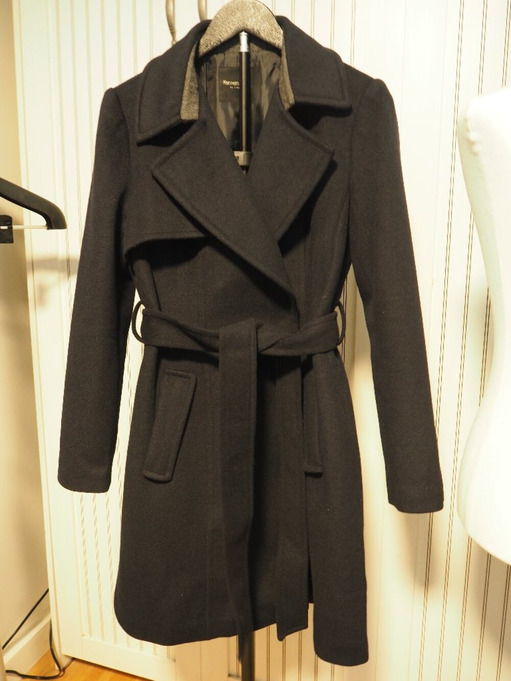 Kenneth Lady Black Belted Wrap Coat Wool 41% Collar Women Size 66 M